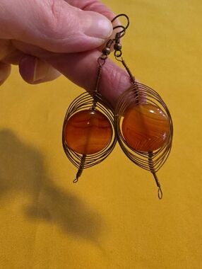 Handmade - Red Agate Gems Wrapped In Herringbone Copper Wire